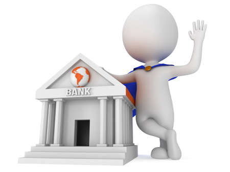 Brave super banker with blue cloak waving his hand in greeting near world global bank. 3D render icon isolated on white. Money and real estate concept.の写真素材