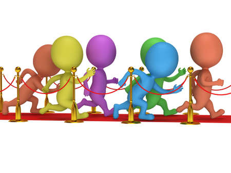 Colored people run on red event carpet with golden rope barriers. 3D render isolated on white. Chase, pursuit of happyness, glory and success concept.の写真素材