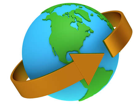 Earth planet globe. 3D render. Around the world concept. On white background.の写真素材