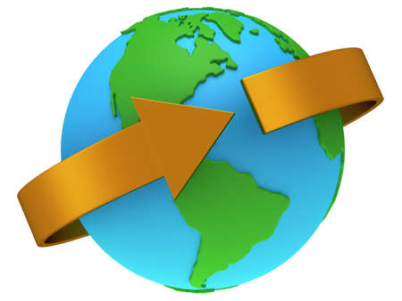 Earth planet globe. 3D render. Around the world concept. On white background.の写真素材