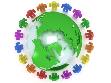 Earth planet globe and group of people. 3D render. Praise, teamwork, eco, business, global concept.の写真素材