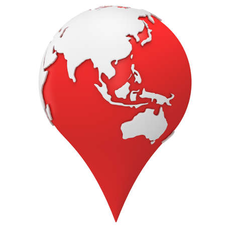 Map pointer in shape of earth globe. Isolated on white 3d render.の写真素材