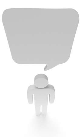 Stylized white man with chat bubble stand on white. Isolated 3d render icon. Chat, business, conference, concept.の写真素材