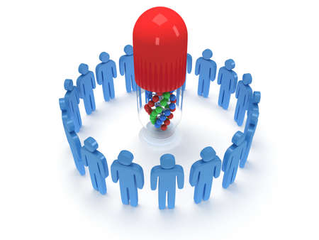 Blue people in circle around pill with DNA chain within. 3D render. Teamwork, business, praise, partnership, pills, medicine.の写真素材
