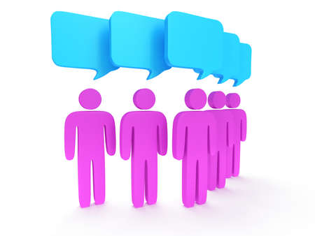 Wedge group of stylized pink people with chat bubbles stand on white. Isolated 3d render icon. Teamwork, business, conference, concept.の写真素材