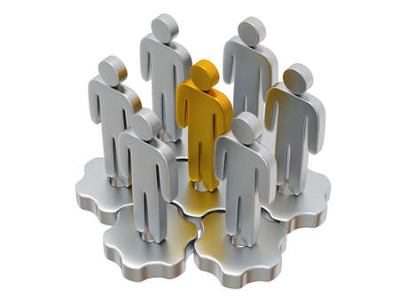 Group of stylized metal people stand on gears with gold team leaderの写真素材