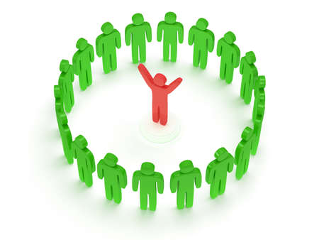 Green people standing in circle around red man. 3D renderの写真素材