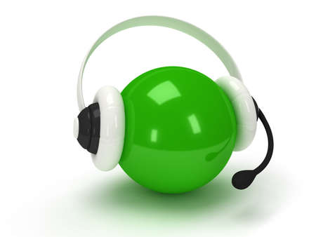 3d shiny green orb with headset isolated over whiteの写真素材
