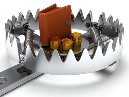 Metal animal trap open with money. Attached to the ground with a metal chain. Isolated. 3D render. Mantrap, danger, risk, credit conceptの写真素材