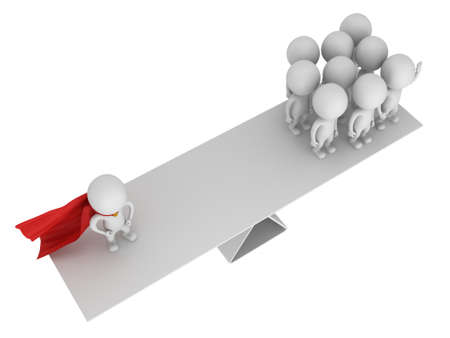Perfect balance between superhero businessman leader and team.  3d render isolated on white.の写真素材