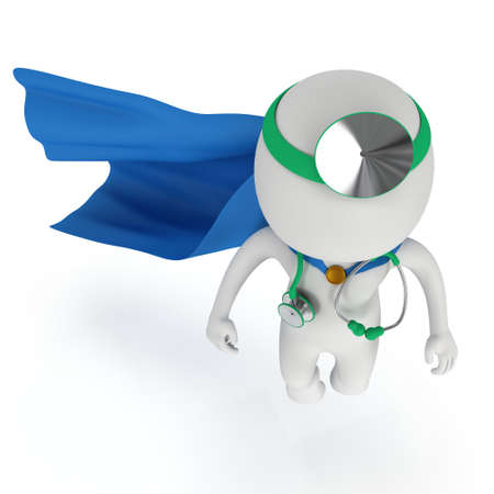 Brave superhero doctor with blue cloak, stethoscope and mirror on his head. 3d render man isolated on white. Medicine and healthcare concept.の写真素材