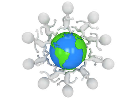 Small white people running around the world. Travel and international concept.の写真素材