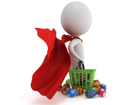 Brave superhero with blue cloak and red shopping basket full of Easter Eggs. Isolated on white 3d man. Merchandise, shopping, mystery shopper concept.の写真素材