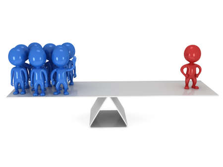 Perfect balance between red businessman leader and blue team.  3d render isolated on white.の写真素材