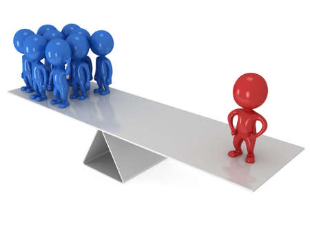 Perfect balance between red businessman leader and blue team.  3d render isolated on white.の写真素材