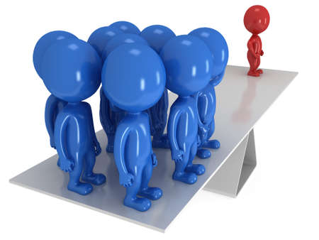 Perfect balance between red businessman leader and blue team.  3d render isolated on white.の写真素材