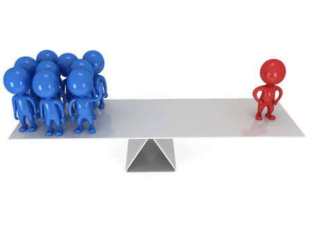 Perfect balance between red businessman leader and blue team.  3d render isolated on white.の写真素材