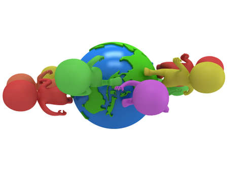 Small colored people running around the world. Travel and international concept. 3d render isolated on white.の写真素材