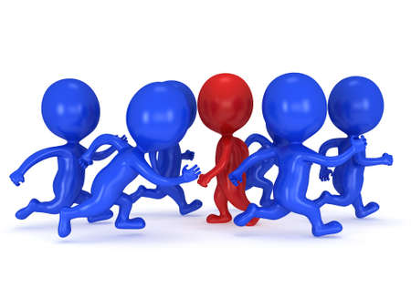 Stem the tide. Breast the current. Own way in business concept. Red businessman walk against crowd of running usual men. Not like everybody else. 3d render isolated on white.の写真素材
