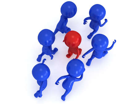 Stem the tide. Breast the current. Own way in business concept. Red businessman walk against crowd of running usual men. Not like everybody else. 3d render isolated on white.の写真素材