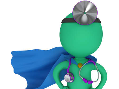 Brave superhero doctor with blue cloak, stethoscope and mirror on his head. 3d render man isolated on white. Medicine and healthcare concept.の写真素材