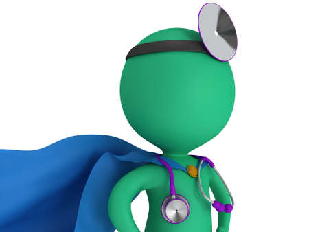 Brave superhero doctor with blue cloak, stethoscope and mirror on his head. 3d render man isolated on white. Medicine and healthcare concept.の写真素材