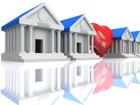Row of bank buildings with red heart. 3d render icon. Real estate, rent, building, healthcare concept.の写真素材