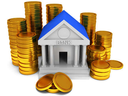 Bank building with gold coins. 3D render icon isolated on whiteの写真素材