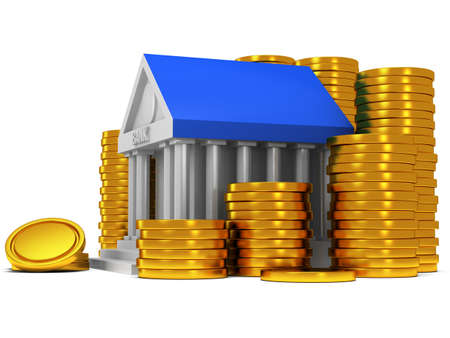 Bank building with gold coins. 3D render icon isolated on whiteの写真素材