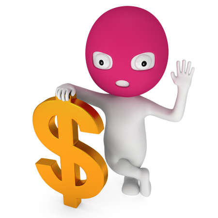 3d white thief stand with golden dollar sign. Welcome. Render isolated on white. Cybercrime concept.の写真素材