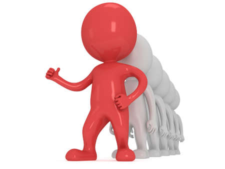Red Leader showing thumbs up in front of white people row over white background. 3D render.の写真素材