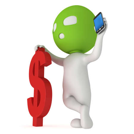3d white thief stand with red dollar and smartphone. Render isolated on white. Cybercrime concept.