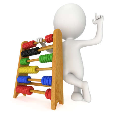 3d man with wooden colorful toy abacus learn counting. 3d render isolated on white. Education...