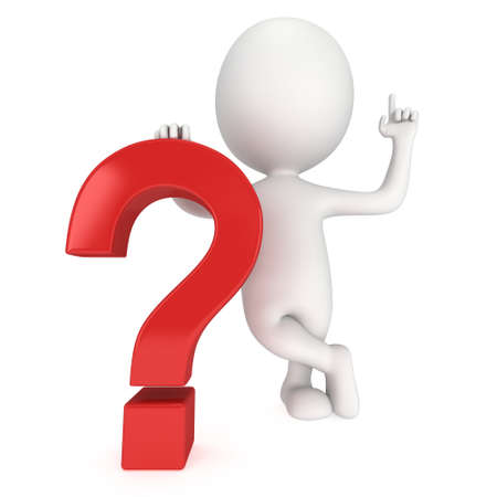 Man with notice gesture near red question mark. 3D render isolated on white background. FAQ concept.の写真素材