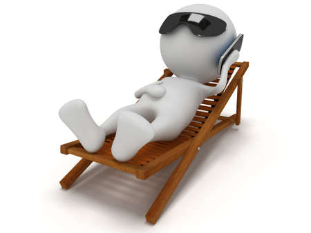 3d white man in vacation lying on a beach chair with smartphone. 3d render isolated on white. Chat and relax concept.の写真素材