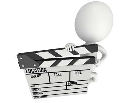 Man with cinema clapperboard. 3D render isolated on white. Filmmaking and video production.の写真素材