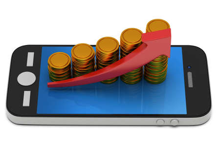 Gold coins bar graph with red arrow on smartphone. Mobile apps and money concept. 3D render isolated on white backgroundの写真素材