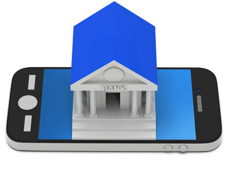 Bank building on smartphone, concept digital payment. 3d render isolated on whiteの写真素材