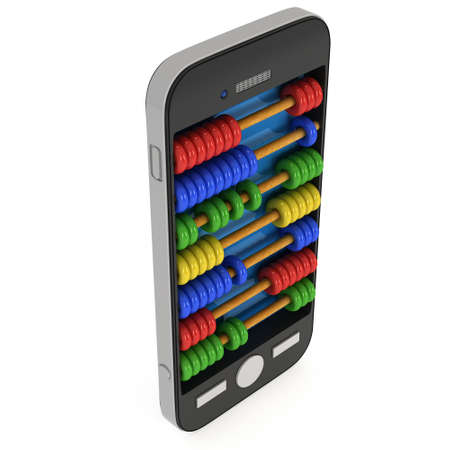 Smartphone with colorful abacus. 3d render isolated on white.の写真素材