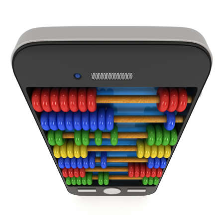 Smartphone with colorful abacus. 3d render isolated on white.の写真素材