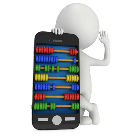 Man near smartphone with abacus scores screen. 3d render isolated on white.の写真素材