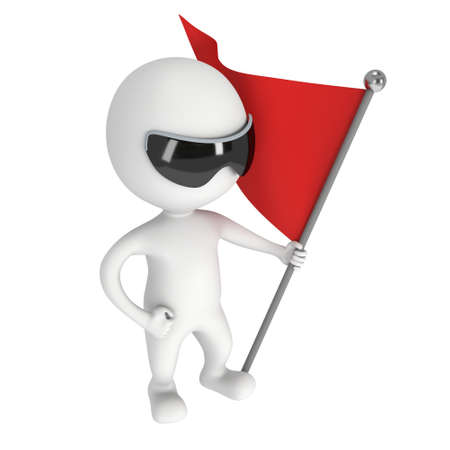 Man with sunglasses, holding a flag with red banner. 3d render isolated on white background.の写真素材