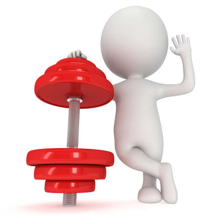 3d man presenting red dumbbell. 3d render isolated on white background. Wave hand helloの写真素材