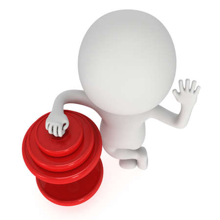 3d man presenting red dumbbell. 3d render isolated on white background. Wave hand helloの写真素材