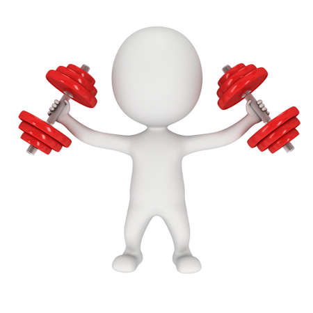 3d human with red dumbbells. Render isolated on white backgroundの写真素材