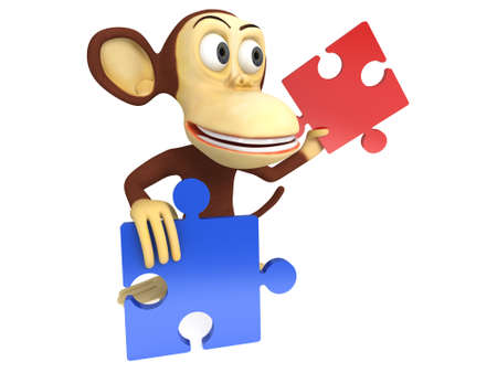 3d cute monkey with red and blue puzzle pieces. 3D render isolated on white.の写真素材