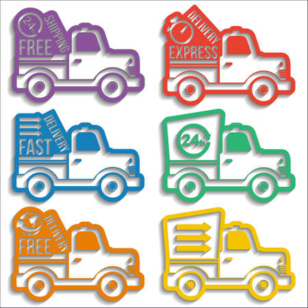 Free delivery, fast delivery, free shipping, around the world, around the clock colorful icons set with blend shadows on white background. Vector delivery service conceptのイラスト素材