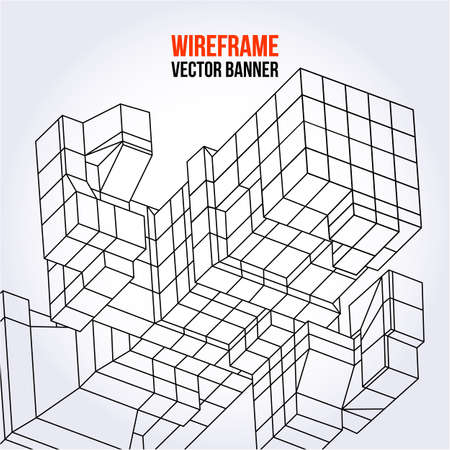 Wireframe Mesh Cubes banner. Connected lines. Connection Structure. Digital Data Visualization Concept. Vector Illustration.のイラスト素材