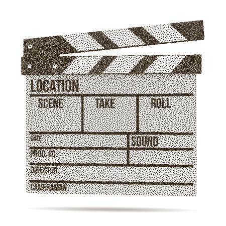 Dotwork Halftone 3D Cinema clapperboard. Engraving Vector Illustration. Filmmaking and video production concept.のイラスト素材