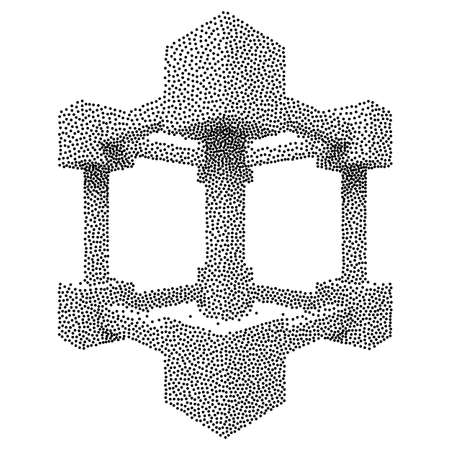 Wireframe Mesh Dotwork Cube. Connected Boxes. Halftone Connection Structure. Engraving Vector Illustration. Digital Data Visualization Conceptのイラスト素材